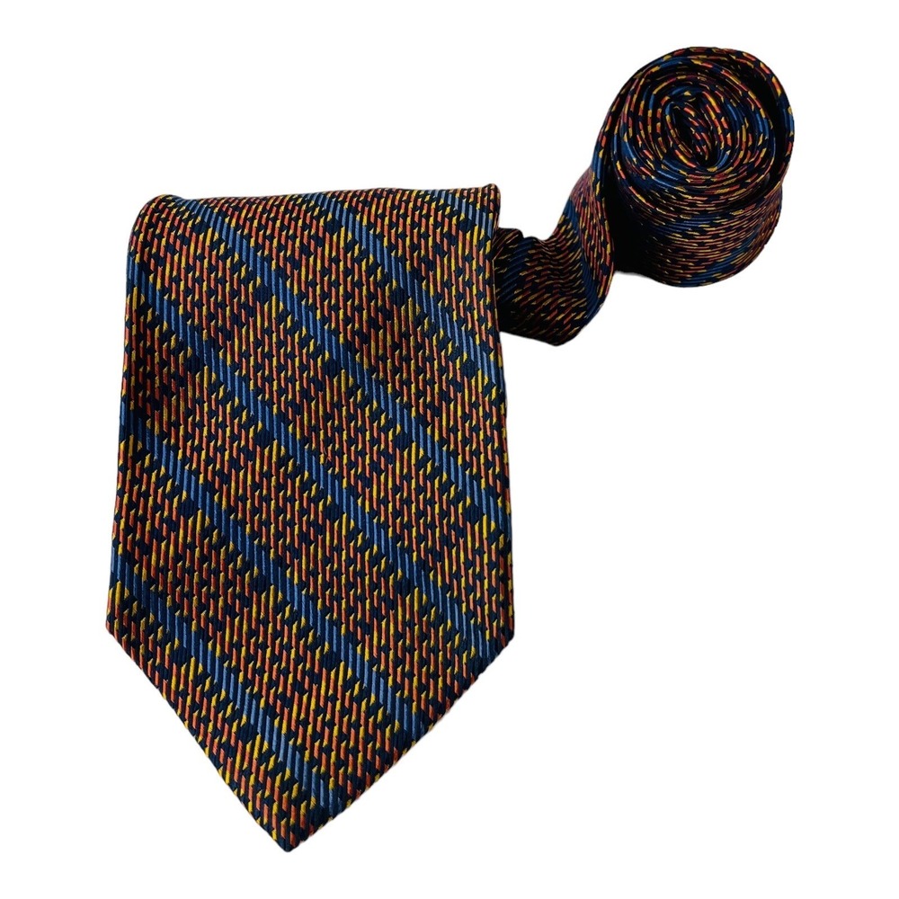 Hickey Freeman Orange & Blue Check Silk Neck Tie Mens Size 3.75"W 59"L